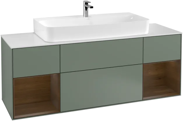 VILLEROY BOCH Toaletní skříňka Finion, s osvětlením, 4 výsuvy, 1600 x 603 x 501 mm, olivově matný lak / ořechová dýha / sklo bílé matné #F211GNGM