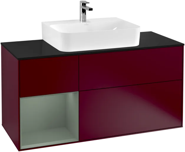 VILLEROY BOCH Toaletní skříňka Finion, s osvětlením, 3 výsuvy, 1200 x 603 x 501 mm, Pivoňka matný lak / Olivový matný lak / Sklo černé matné #F162GMHB