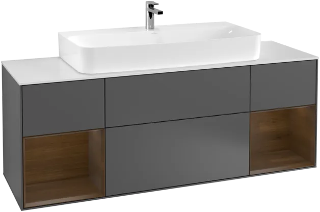 VILLEROY BOCH Toaletní skříňka Finion, s osvětlením, 4 výsuvy, 1600 x 603 x 501 mm, antracit matný lak / ořechová dýha / sklo bílé matné #F211GNGK