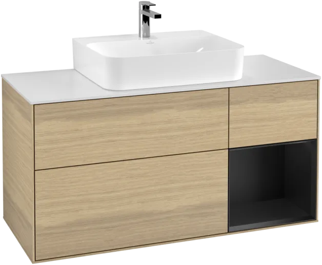 VILLEROY BOCH Toaletní skříňka Finion, s osvětlením, 3 výsuvy, 1200 x 603 x 501 mm, dubová dýha / černý matný lak / bílé matné sklo #F171PDPC, obrázek 1