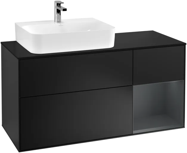 VILLEROY BOCH Toaletní skříňka Finion, s osvětlením, 3 výsuvy, 1200 x 603 x 501 mm, černý matný lak / půlnoční modrý matný lak / černé matné sklo #F152HGPD