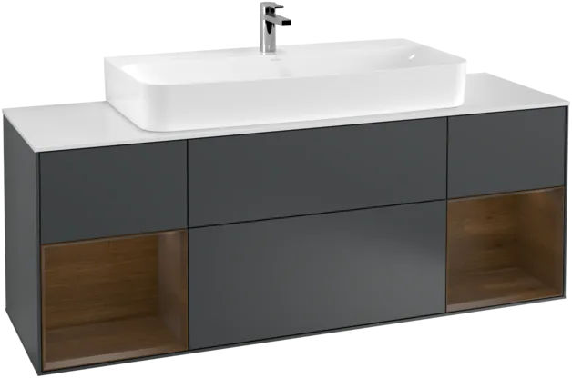 VILLEROY BOCH Toaletní skříňka Finion, s osvětlením, 4 výsuvy, 1600 x 603 x 501 mm, půlnočně modrý matný lak / ořechová dýha / sklo bílé matné #F211GNHG