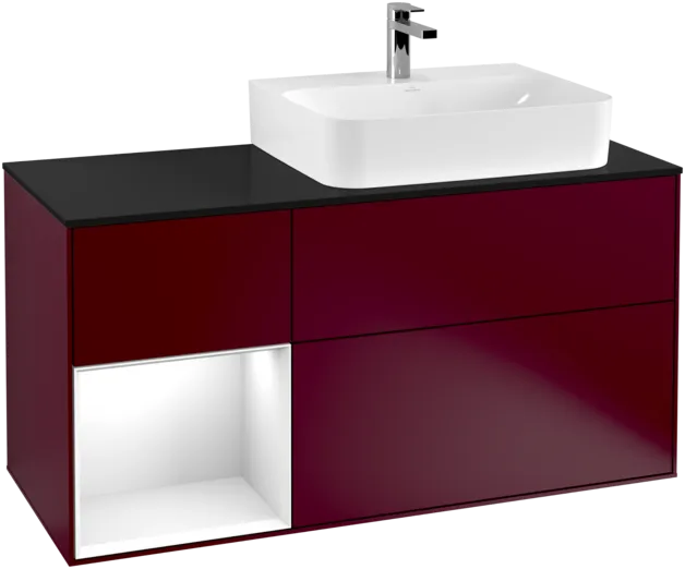 VILLEROY BOCH Toaletní skříňka Finion, s osvětlením, 3 výsuvy, 1200 x 603 x 501 mm, matný lak Peony / lesklý bílý lak / černé matné sklo #F142GFHB