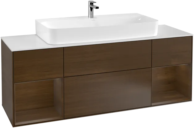 VILLEROY BOCH Toaletní skříňka Finion, s osvětlením, 4 výsuvy, 1600 x 603 x 501 mm, ořechová dýha / ořechová dýha / sklo bílé matné #F211GNGN
