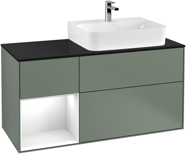 VILLEROY BOCH Toaletní skříňka Finion, s osvětlením, 3 výsuvy, 1200 x 603 x 501 mm, olivový matný lak / lesklý bílý lak / sklo černé matné #F142GFGM, obrázek 1