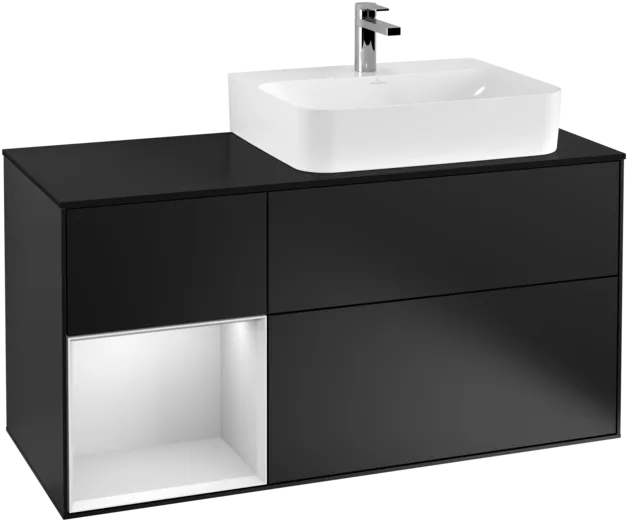 VILLEROY BOCH Toaletní skříňka Finion, s osvětlením, 3 výsuvy, 1200 x 603 x 501 mm, černý matný lak / bílý matný lak / černé matné sklo #F142MTPD