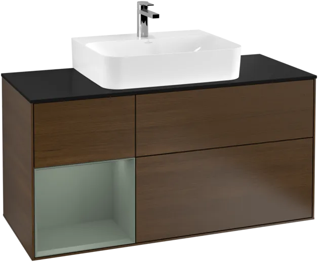 VILLEROY BOCH Toaletní skříňka Finion, s osvětlením, 3 výsuvy, 1200 x 603 x 501 mm, ořechová dýha / olivově matný lak / sklo černé matné #F162GMGN