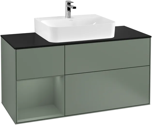 VILLEROY BOCH Toaletní skříňka Finion, s osvětlením, 3 výsuvy, 1200 x 603 x 501 mm, olivově matný lak / olivově matný lak / sklo černé matné #F162GMGM