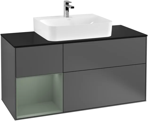 VILLEROY BOCH Toaletní skříňka Finion, s osvětlením, 3 výsuvy, 1200 x 603 x 501 mm, antracitový matný lak / olivový matný lak / černé matné sklo #F162GMGK