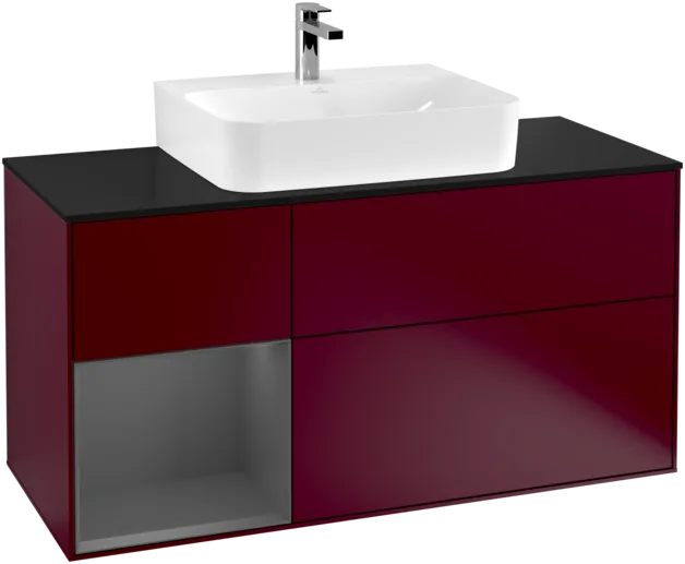 VILLEROY BOCH Toaletní skříňka Finion, s osvětlením, 3 výsuvy, 1200 x 603 x 501 mm, Pivoňka matný lak / Antracit matný lak / Sklo černé matné #F162GKHB