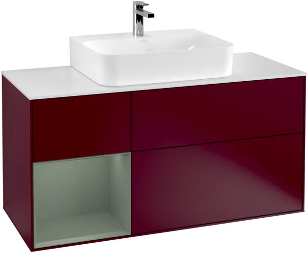 VILLEROY BOCH Toaletní skříňka Finion, s osvětlením, 3 výsuvy, 1200 x 603 x 501 mm, Pivoňka matný lak / Olivový matný lak / Sklo bílé matné #F161GMHB