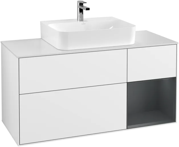 VILLEROY BOCH Toaletní skříňka Finion, s osvětlením, 3 výsuvy, 1200 x 603 x 501 mm, lesklý bílý lak / půlnoční modrý matný lak / bílé matné sklo #F171HGGF