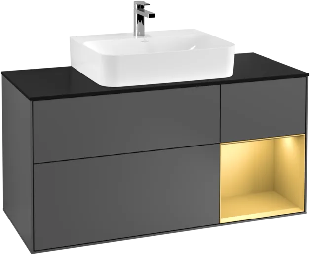 VILLEROY BOCH Toaletní skříňka Finion, s osvětlením, 3 výsuvy, 1200 x 603 x 501 mm, antracit matný lak / zlatý matný lak / černé matné sklo #F172HFGK, obrázek 1