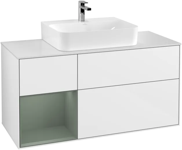 VILLEROY BOCH Toaletní skříňka Finion, s osvětlením, 3 výsuvy, 1200 x 603 x 501 mm, lesklý bílý lak / olivově matný lak / sklo bílé matné #F161GMGF