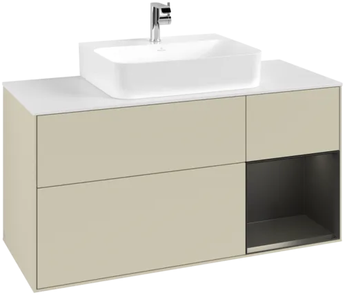 VILLEROY BOCH Toaletní skříňka Finion, s osvětlením, 3 výsuvy, 1200 x 603 x 501 mm, hedvábně šedý matný lak / černý matný lak / bílé matné sklo #F171PDHJ