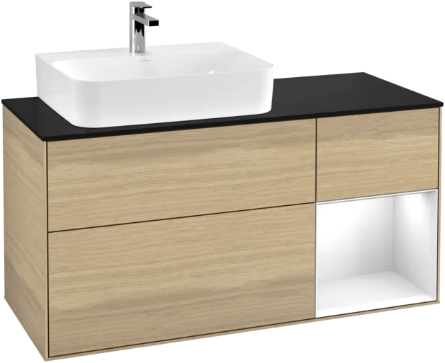 VILLEROY BOCH Toaletní skříňka Finion, s osvětlením, 3 výsuvy, 1200 x 603 x 501 mm, dubová dýha / lesklý bílý lak / černé matné sklo #F152GFPC