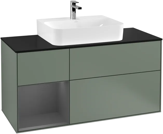 VILLEROY BOCH Toaletní skříňka Finion, s osvětlením, 3 výsuvy, 1200 x 603 x 501 mm, olivový matný lak / antracitový matný lak / černé matné sklo #F162GKGM, obrázek 1