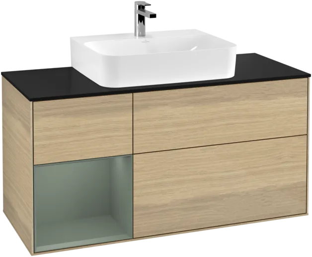 VILLEROY BOCH Toaletní skříňka Finion, s osvětlením, 3 výsuvy, 1200 x 603 x 501 mm, dubová dýha / olivově matný lak / sklo černé matné #F162GMPC