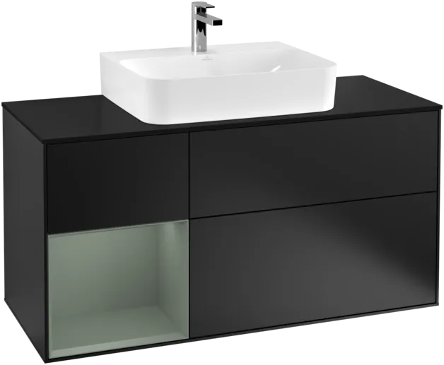 VILLEROY BOCH Toaletní skříňka Finion, s osvětlením, 3 výsuvy, 1200 x 603 x 501 mm, černý matný lak / olivový matný lak / černé matné sklo #F162GMPD