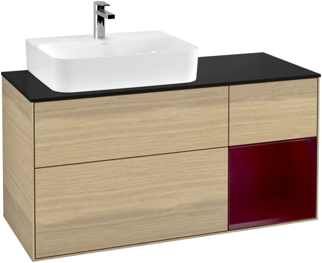 VILLEROY BOCH Toaletní skříňka Finion, s osvětlením, 3 výsuvy, 1200 x 603 x 501 mm, dubová dýha / matný lak Pivoňka / matné černé sklo #F152HBPC