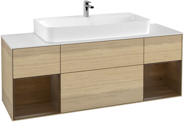 VILLEROY BOCH Toaletní skříňka Finion, s osvětlením, 4 výsuvy, 1600 x 603 x 501 mm, dubová dýha / ořechová dýha / sklo bílé matné #F211GNPC