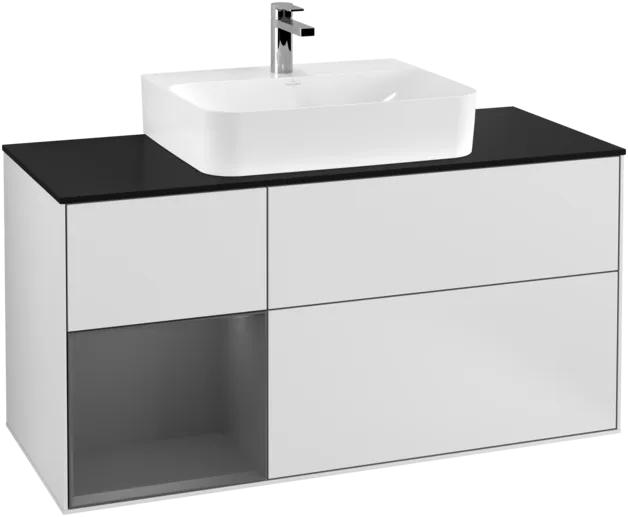 VILLEROY BOCH Toaletní skříňka Finion, s osvětlením, 3 výsuvy, 1200 x 603 x 501 mm, bílý matný lak / antracitový matný lak / černé matné sklo #F162GKMT
