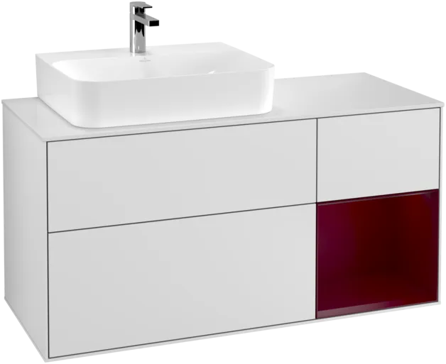 VILLEROY BOCH Toaletní skříňka Finion, s osvětlením, 3 výsuvy, 1200 x 603 x 501 mm, bílý matný lak / pivoňkový matný lak / sklo bílé matné #F151HBMT