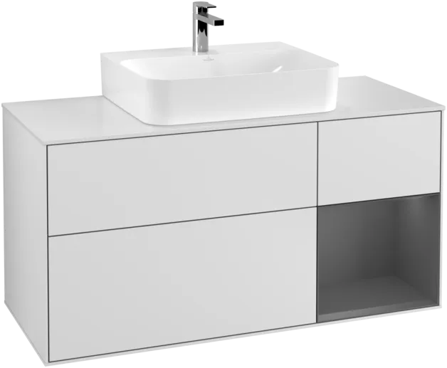 VILLEROY BOCH Toaletní skříňka Finion, s osvětlením, 3 výsuvy, 1200 x 603 x 501 mm, bílý matný lak / antracitový matný lak / bílé matné sklo #F171GKMT