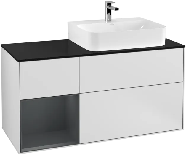 VILLEROY BOCH Toaletní skříňka Finion, s osvětlením, 3 výsuvy, 1200 x 603 x 501 mm, bílý matný lak / půlnoční modrý matný lak / černé matné sklo #F142HGMT, obrázek 1