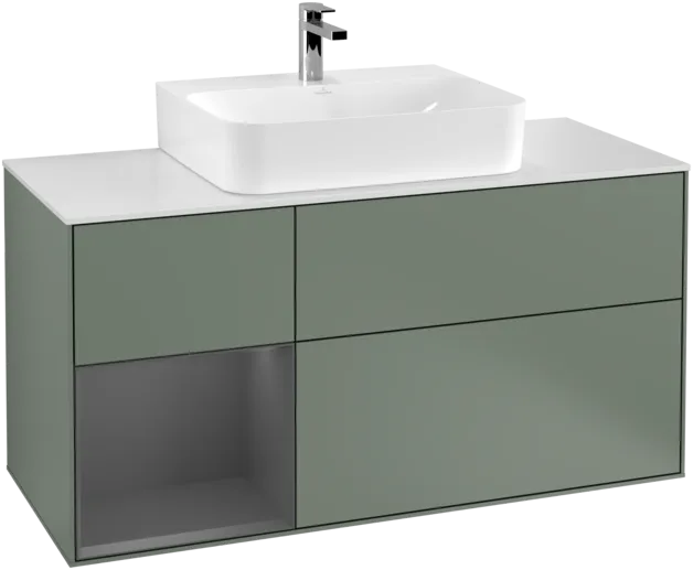 VILLEROY BOCH Toaletní skříňka Finion, s osvětlením, 3 výsuvy, 1200 x 603 x 501 mm, olivový matný lak / antracitový matný lak / bílé matné sklo #F161GKGM