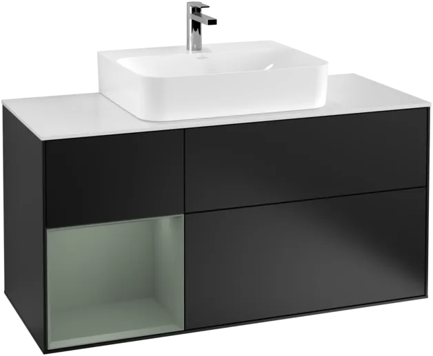 VILLEROY BOCH Toaletní skříňka Finion, s osvětlením, 3 výsuvy, 1200 x 603 x 501 mm, černý matný lak / olivový matný lak / bílé matné sklo #F161GMPD