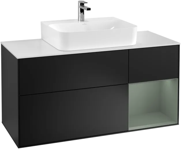 VILLEROY BOCH Toaletní skříňka Finion, s osvětlením, 3 výsuvy, 1200 x 603 x 501 mm, černý matný lak / olivový matný lak / bílé matné sklo #F171GMPD