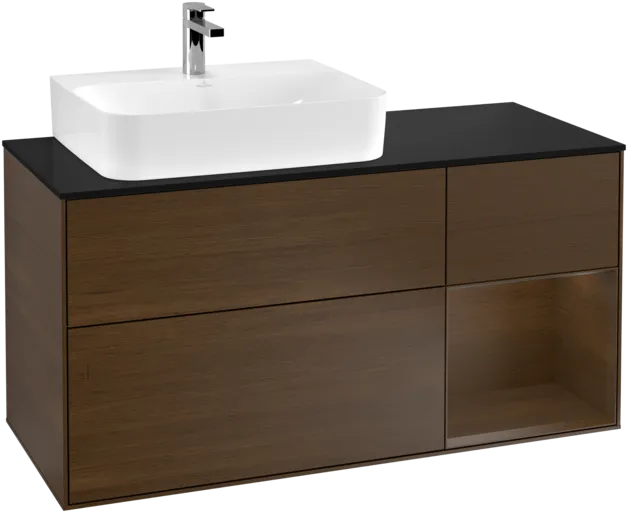 VILLEROY BOCH Toaletní skříňka Finion, s osvětlením, 3 výsuvy, 1200 x 603 x 501 mm, ořechová dýha / ořechová dýha / sklo černé matné #F152GNGN
