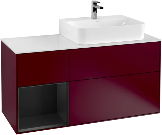 VILLEROY BOCH Toaletní skříňka Finion, s osvětlením, 3 výsuvy, 1200 x 603 x 501 mm, Pivoňka matný lak / Černý matný lak / Sklo bílé matné #F141PDHB