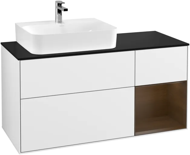 VILLEROY BOCH Toaletní skříňka Finion, s osvětlením, 3 výsuvy, 1200 x 603 x 501 mm, lesklý bílý lak / ořechová dýha / černé matné sklo #F152GNGF