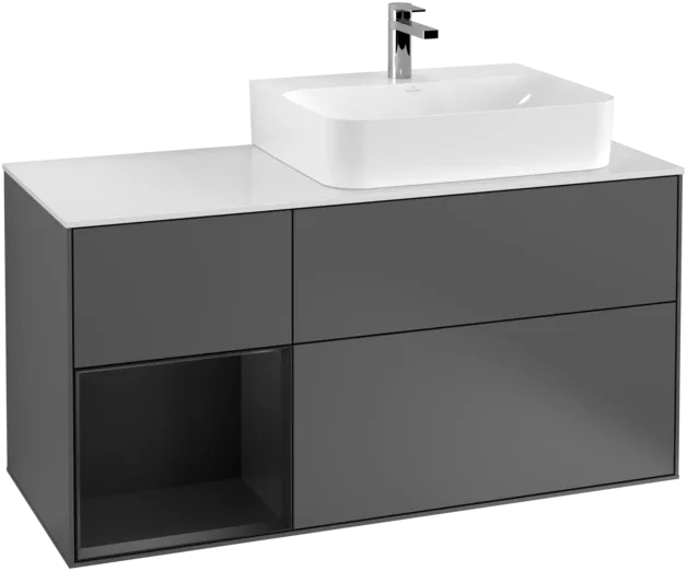 VILLEROY BOCH Toaletní skříňka Finion, s osvětlením, 3 výsuvy, 1200 x 603 x 501 mm, antracitový matný lak / černý matný lak / bílé matné sklo #F141PDGK