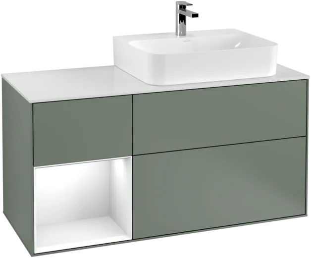 VILLEROY BOCH Toaletní skříňka Finion, s osvětlením, 3 výsuvy, 1200 x 603 x 501 mm, olivově matný lak / lesklý bílý lak / sklo bílé matné #F141GFGM, obrázek 1