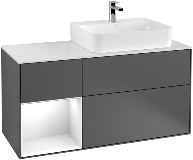 VILLEROY BOCH Toaletní skříňka Finion, s osvětlením, 3 výsuvy, 1200 x 603 x 501 mm, antracit matný lak / lesklý bílý lak / sklo bílé matné #F141GFGK, obrázek 1