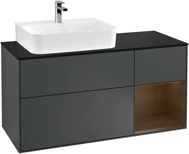VILLEROY BOCH Toaletní skříňka Finion, s osvětlením, 3 výsuvy, 1200 x 603 x 501 mm, půlnočně modrý matný lak / ořechová dýha / černé matné sklo #F152GNHG, obrázek 1