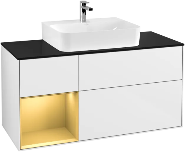 VILLEROY BOCH Toaletní skříňka Finion, s osvětlením, 3 výsuvy, 1200 x 603 x 501 mm, lesklý bílý lak / zlatý matný lak / černé matné sklo #F162HFGF