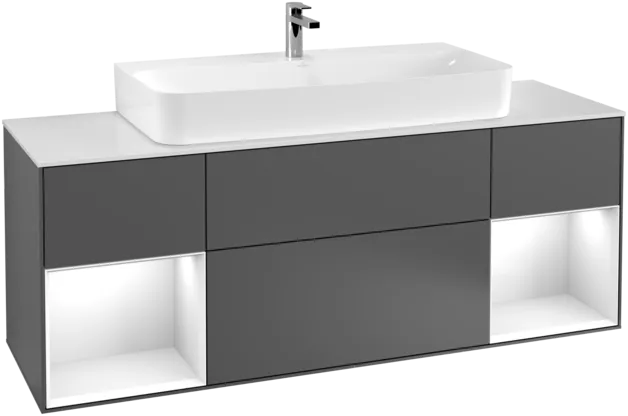 VILLEROY BOCH Toaletní skříňka Finion, s osvětlením, 4 výsuvy, 1600 x 603 x 501 mm, antracit matný lak / lesklý bílý lak / sklo bílé matné #F211GFGK, obrázek 1