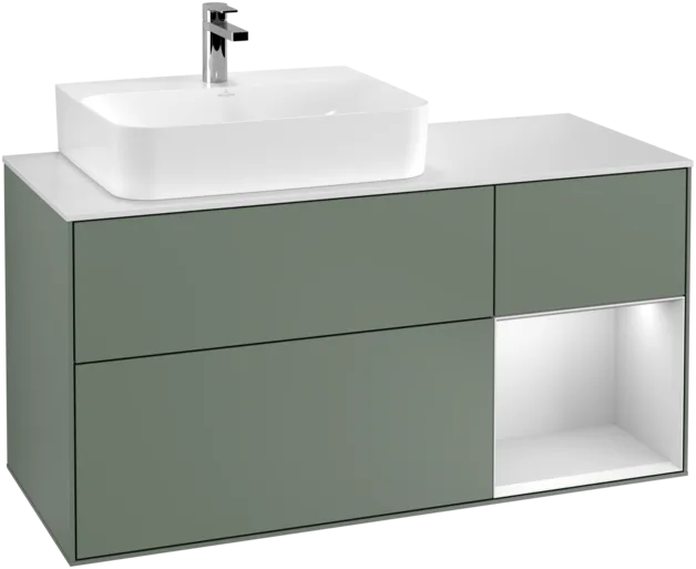 VILLEROY BOCH Toaletní skříňka Finion, s osvětlením, 3 výsuvy, 1200 x 603 x 501 mm, olivový matný lak / bílý matný lak / bílé matné sklo #F151MTGM