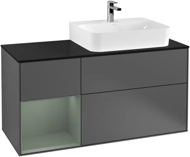 VILLEROY BOCH Toaletní skříňka Finion, s osvětlením, 3 výsuvy, 1200 x 603 x 501 mm, antracitový matný lak / olivový matný lak / černé matné sklo #F142GMGK