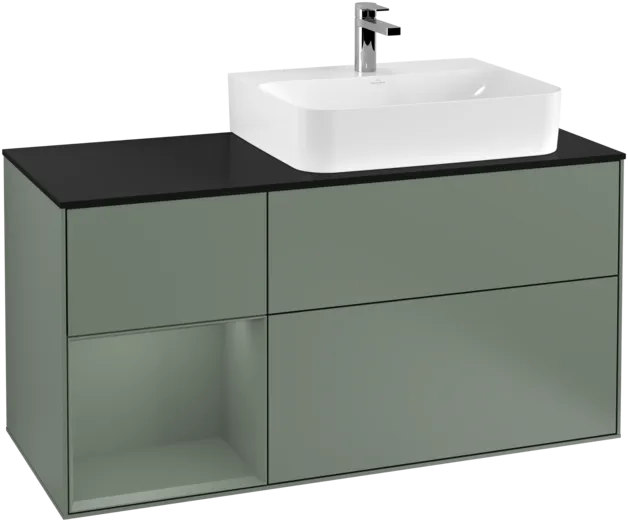 VILLEROY BOCH Toaletní skříňka Finion, s osvětlením, 3 výsuvy, 1200 x 603 x 501 mm, olivově matný lak / olivově matný lak / sklo černé matné #F142GMGM, obrázek 1