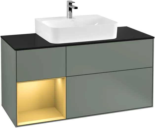 VILLEROY BOCH Toaletní skříňka Finion, s osvětlením, 3 výsuvy, 1200 x 603 x 501 mm, olivový matný lak / zlatý matný lak / černé matné sklo #F162HFGM