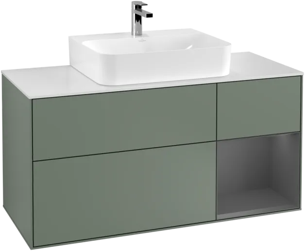 VILLEROY BOCH Toaletní skříňka Finion, s osvětlením, 3 výsuvy, 1200 x 603 x 501 mm, olivový matný lak / antracitový matný lak / bílé matné sklo #F171GKGM