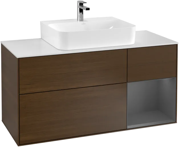 VILLEROY BOCH Toaletní skříňka Finion, s osvětlením, 3 výsuvy, 1200 x 603 x 501 mm, ořechová dýha / antracitový matný lak / bílé matné sklo #F171GKGN