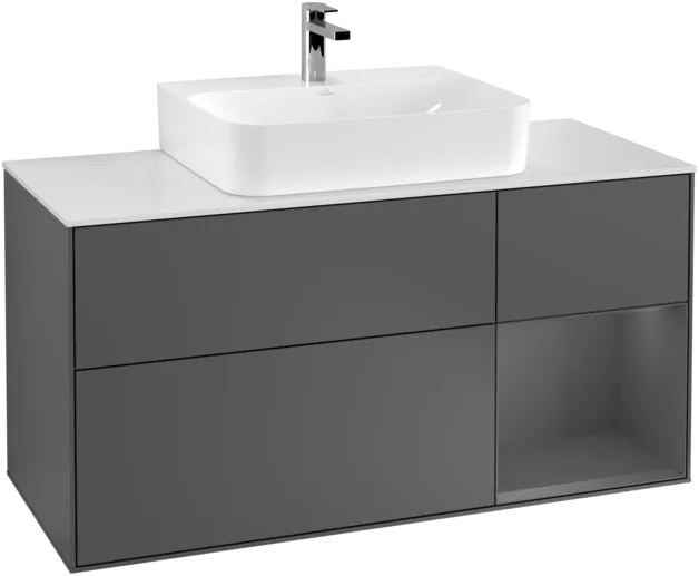 VILLEROY BOCH Toaletní skříňka Finion, s osvětlením, 3 výsuvy, 1200 x 603 x 501 mm, antracit matný lak / antracit matný lak / sklo bílé matné #F171GKGK