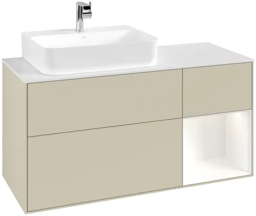 VILLEROY BOCH Toaletní skříňka Finion, s osvětlením, 3 výsuvy, 1200 x 603 x 501 mm, Silk Grey Matt Lacquer / White Matt Lacquer / Glass White Matt #F151MTHJ