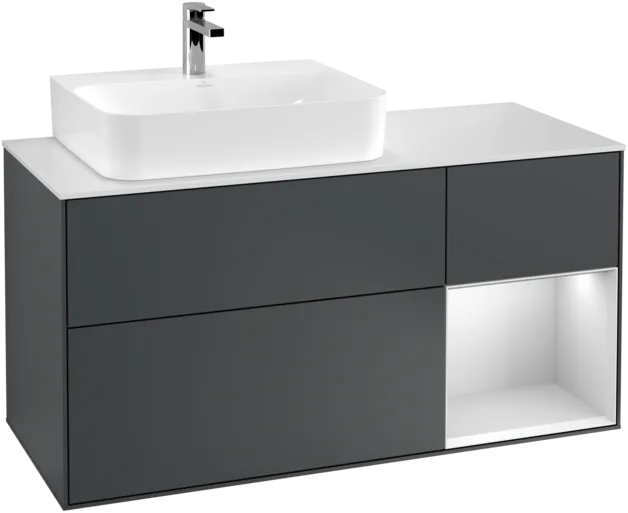 VILLEROY BOCH Toaletní skříňka Finion, s osvětlením, 3 výsuvy, 1200 x 603 x 501 mm, Midnight Blue Matt Lacquer / White Matt Lacquer / Glass White Matt #F151MTHG, obrázek 1